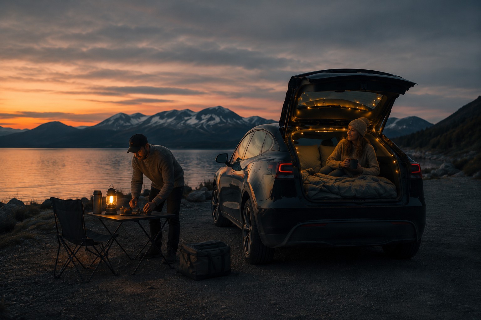 Visuelt pre-launch-koncept: par ved Model Y-inspireret bilbase med sleep-setup, bord, lys og nordisk solnedgang ved vandet