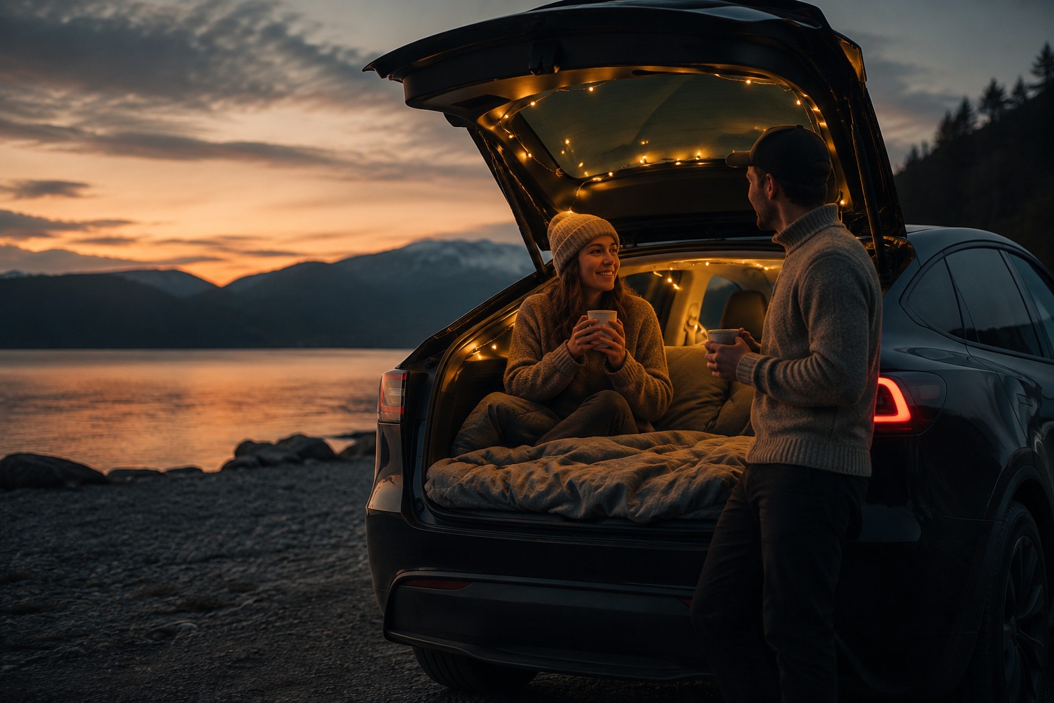 Par ved åben bagklap med sleep-setup, varme drikke og nordisk solnedgang ved vandet